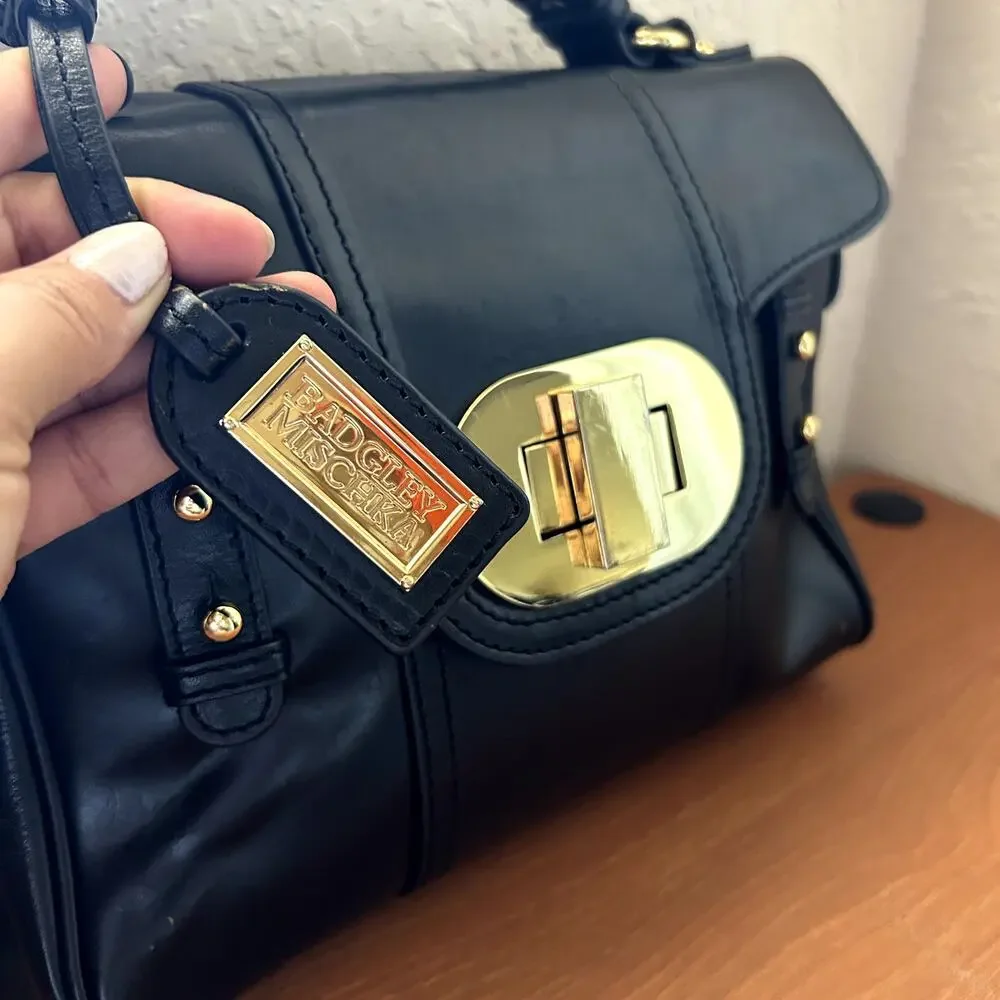 Badgley Mischka Keyra Satchel Black Leather Gold Turnlock Classic Handbag